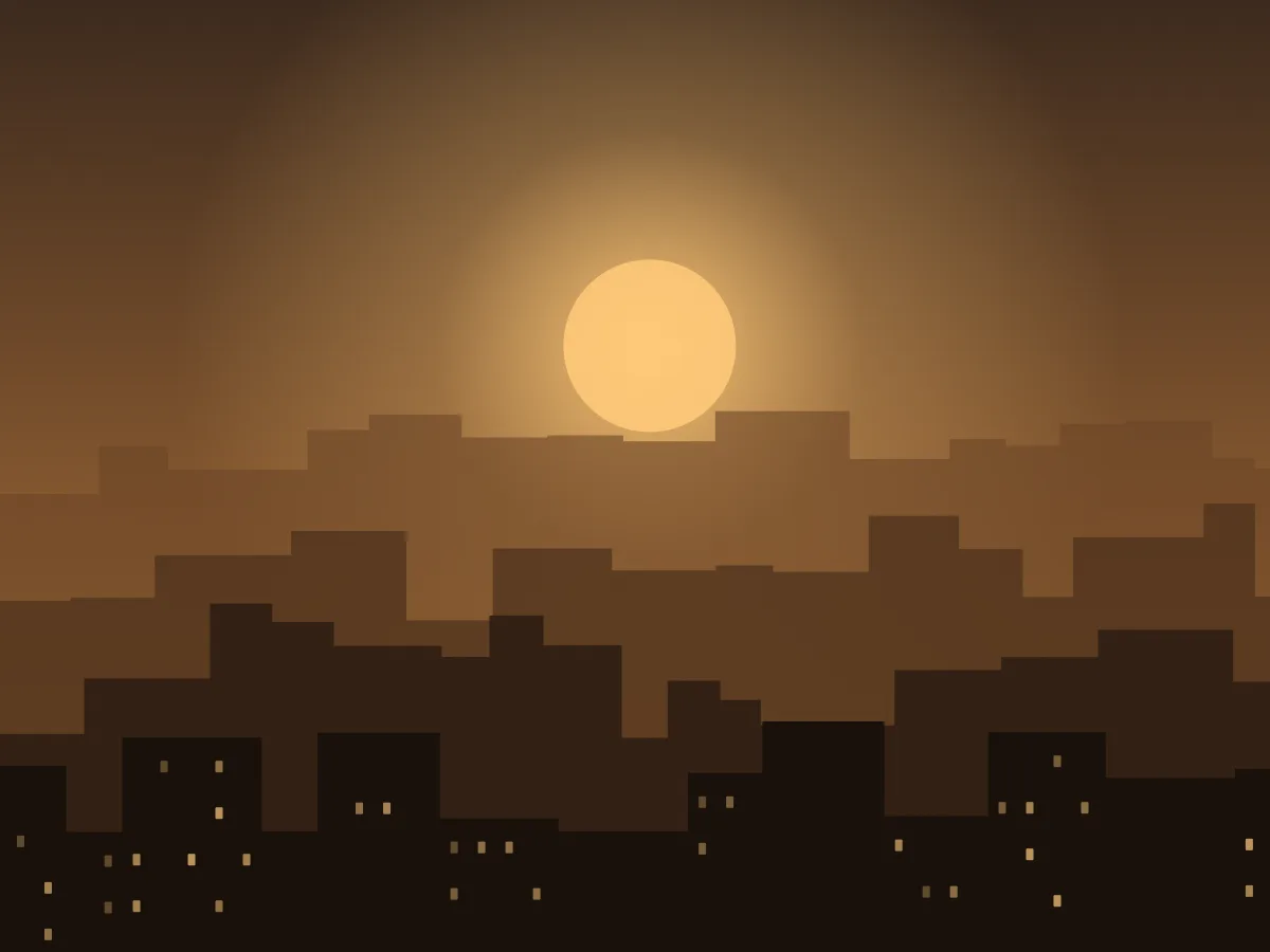 A dense skyline with lit windows under a heavy dusk sky
