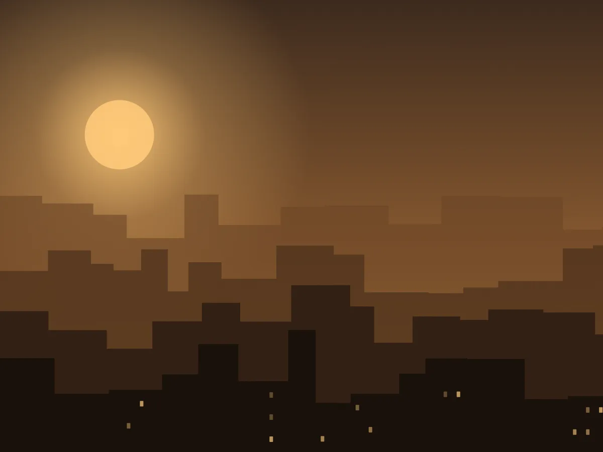 A city skyline under a dusty orange dusk