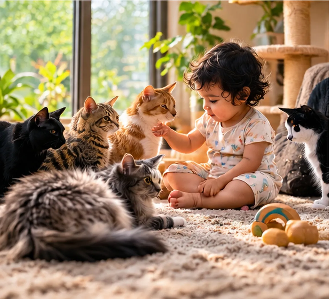 A toddler sitting on a rug among several cats, gently reaching towards one