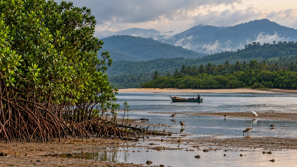 Illustration of mangroves and a mudflat at low tide with wading birds, a small fishing boat and forested hills behind