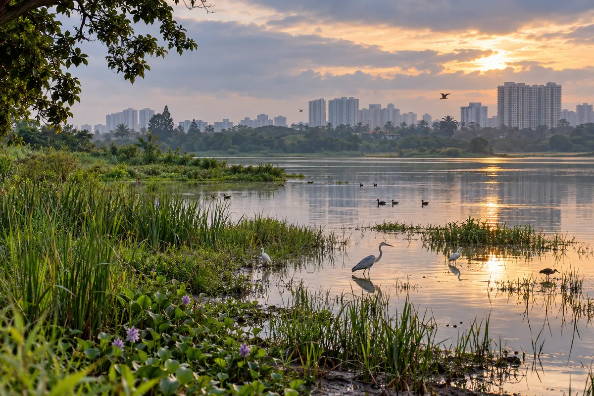 Illustration of a lake at sunrise with reeds, a heron and egrets in the shallows and apartment towers on the far shore