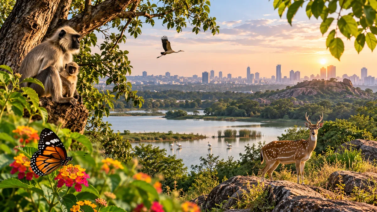 Langurs in a tree, a chital on granite rocks and egrets on a lake in scrub forest, with the Bengaluru skyline at sunset