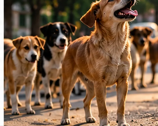 Street dogs on a tree-lined road, one looking up towards an outstretched hand