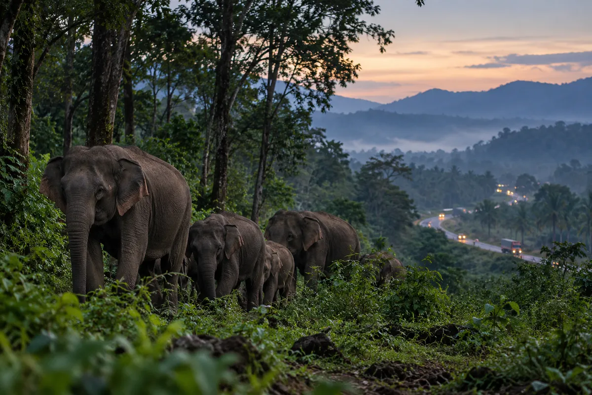 Illustration of an elephant herd with calves moving through forest at dusk above a valley road lit by traffic