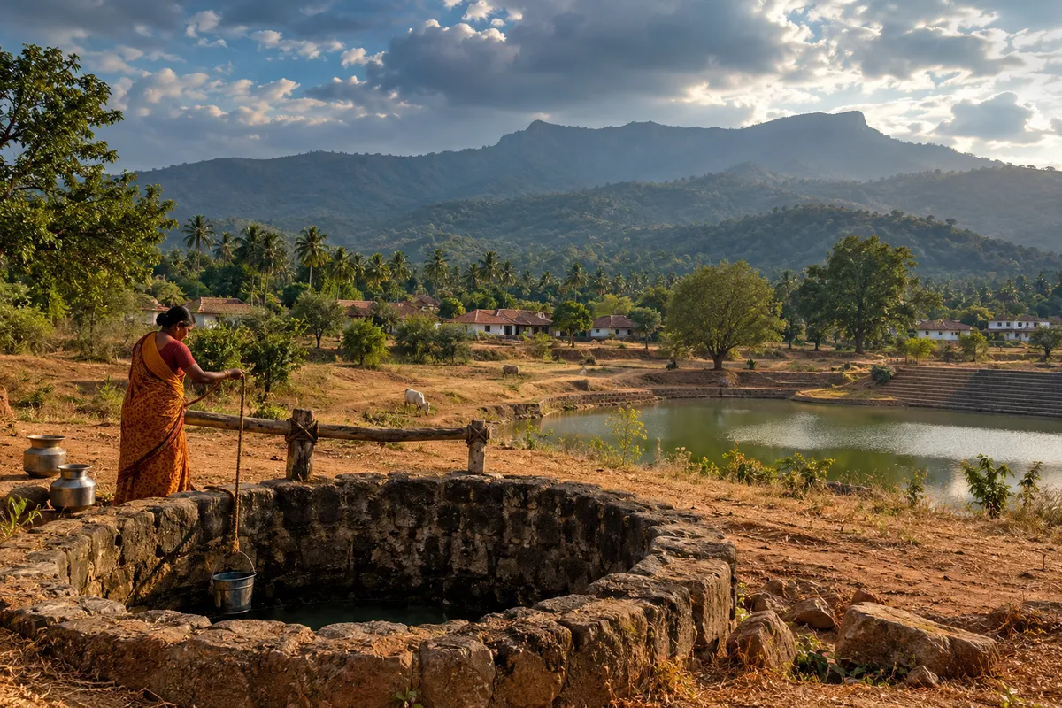 Illustration of a woman drawing water from a stone well beside a village tank, with tiled houses and hills behind