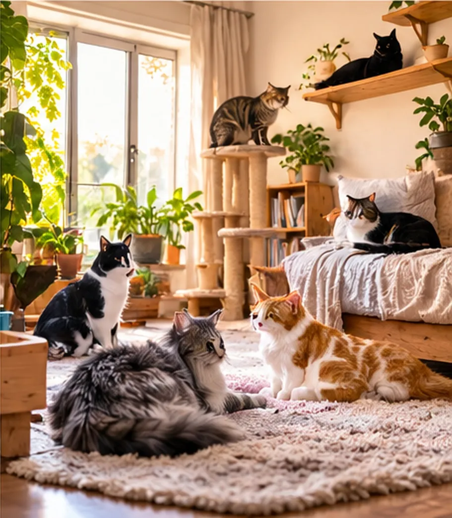 Several cats resting at different heights around a sunlit living room with shelves and a cat tree