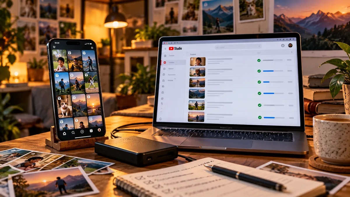 A phone showing a grid of reels beside a laptop with a list of uploaded videos, a cup of chai and printed photographs on a desk at dusk