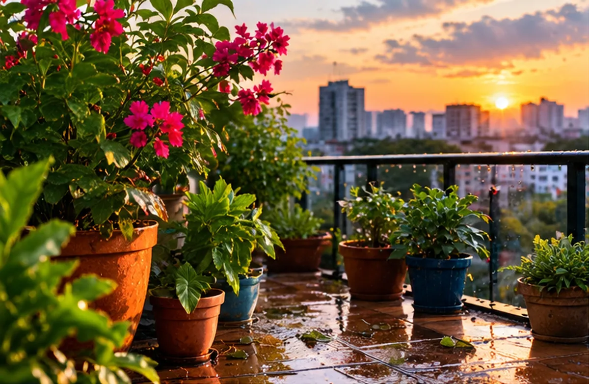 Rain-wet balcony plants and flowering pots at sunset, the city skyline beyond the railing