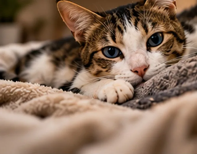 A tabby and white cat lying on a soft blanket, looking directly at the camera