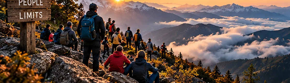 Walkers gathered on a ridge at sunrise, cloud filling the valley below