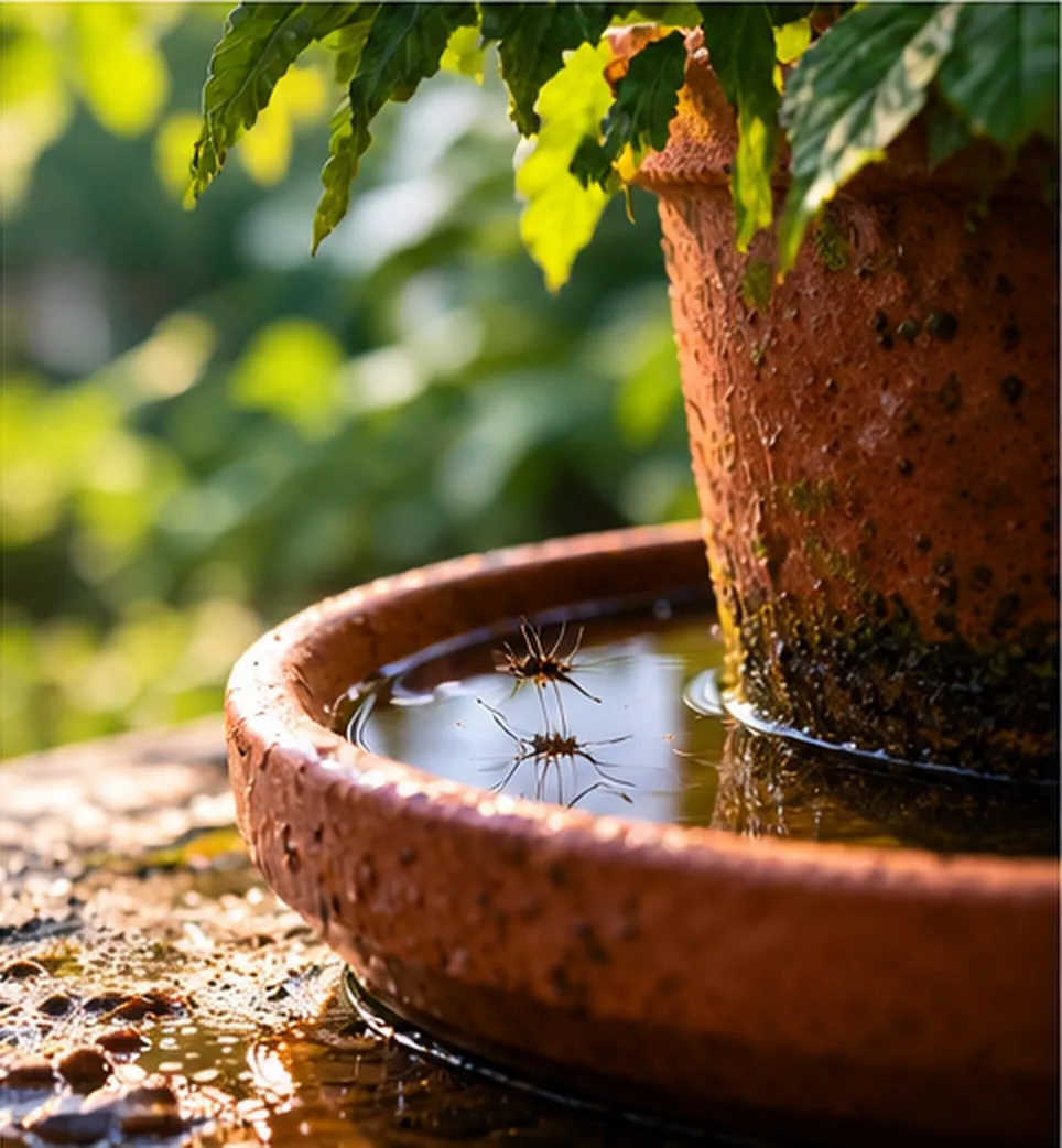 Close-up of standing water in a terracotta saucer beneath a potted plant