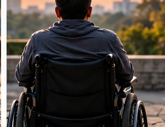 A person in a wheelchair seen from behind, looking out over a city at dusk