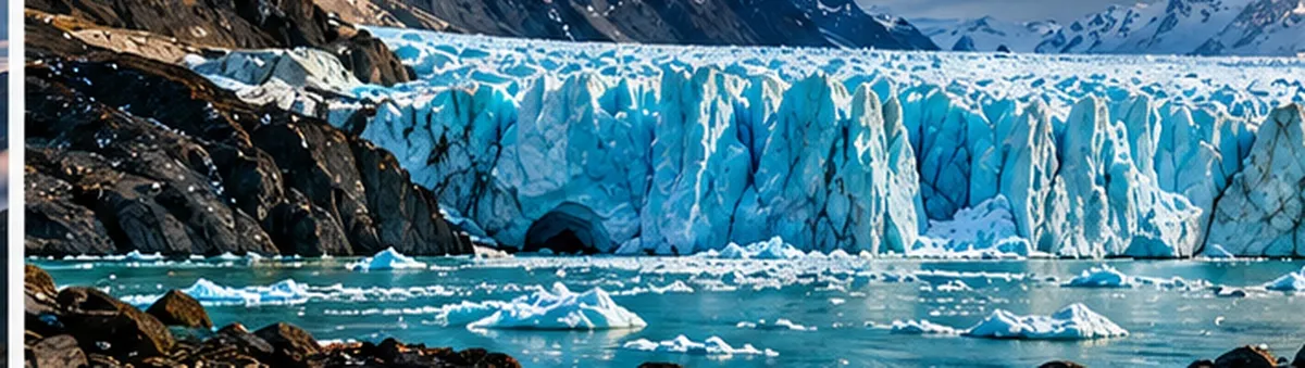 The blue face of a glacier meeting still water, snow peaks behind