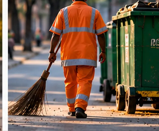 A sanitation worker in high-visibility orange walking a street beside waste bins