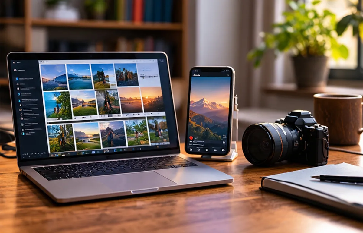 A laptop showing a grid of video clips beside a phone and a camera on a wooden desk